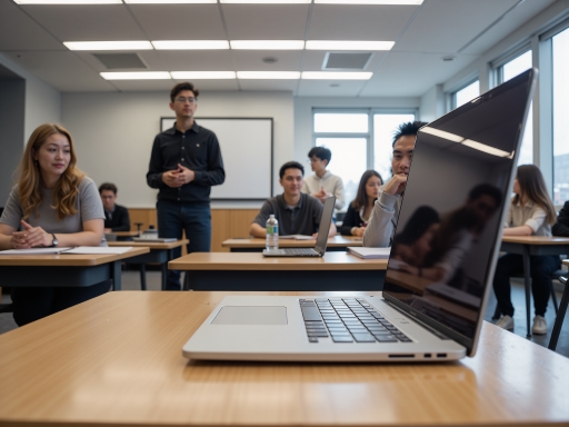 理论课程教室场景，学员们在认真听讲，现代化教学设备